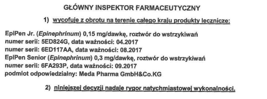 Fragment decyzji GIF /Główny Inspektorat Farmaceutyczny