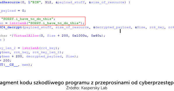 Fragment kodu szkodliwego programu z przeprosinami od cyberprzestępcy /materiały prasowe