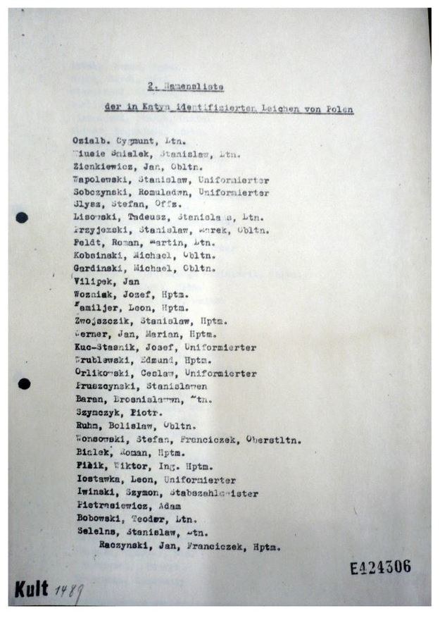 Fragment niemieckiej listy zidentyfikowanych ofiar, ekshumowanych z grobów katyńskich. Fot: msz.gov.pl /