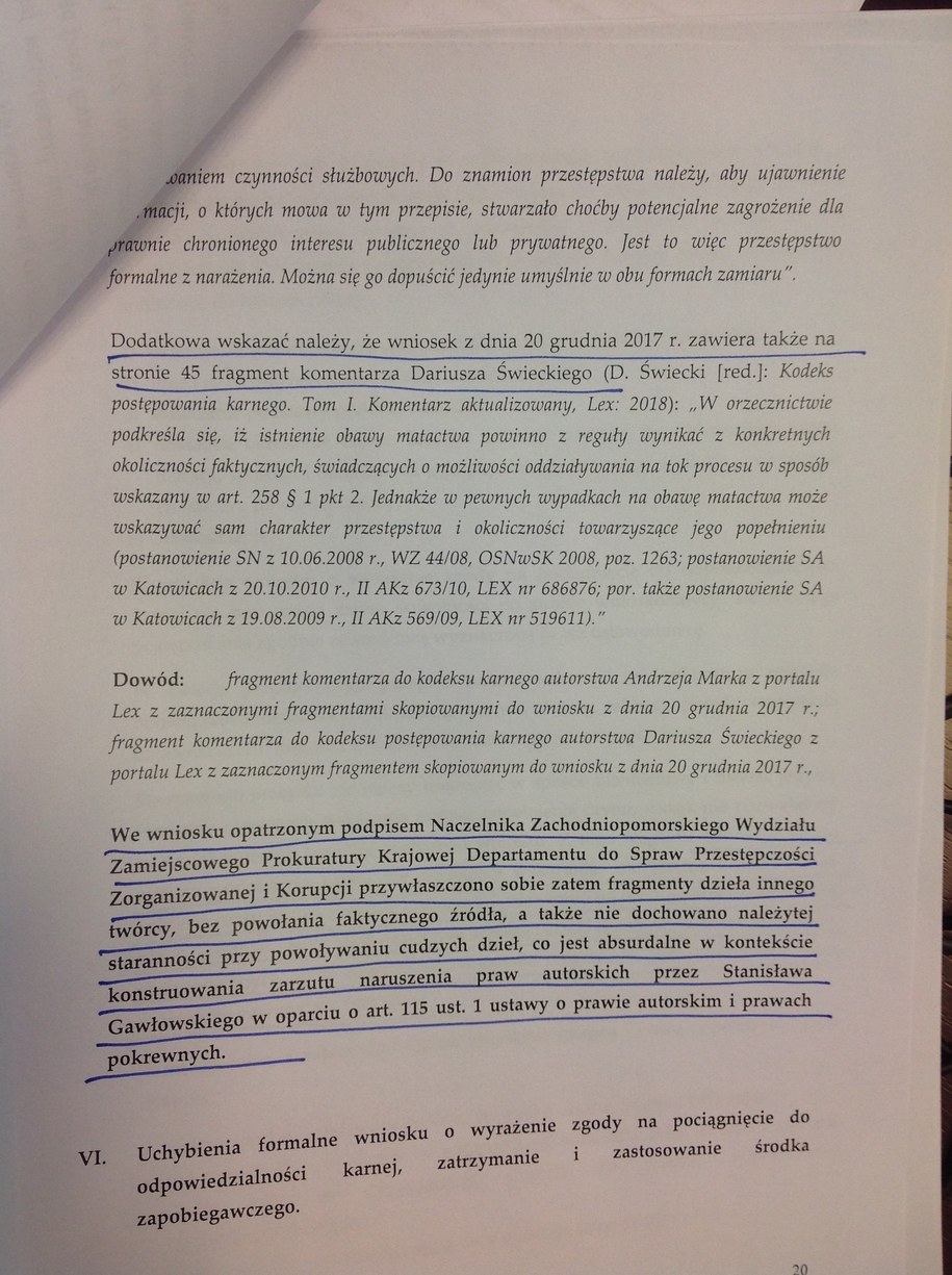 Fragment odpowiedzi posła Gawłowskiego, wskazujący na plagiat w piśmie prokuratury. /RMF FM