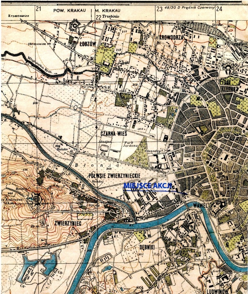 Fragment oryginalnej mapy Krakowa z zaznaczonym miejscem akcji /ze zbiorów autora /