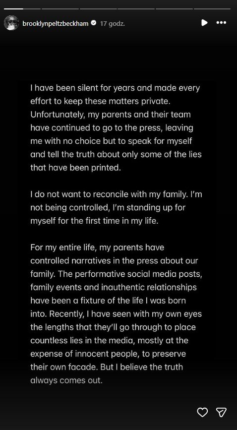 Fragment oświadczenia Brooklyna Beckhama /Instagram /Zrzut ekranu