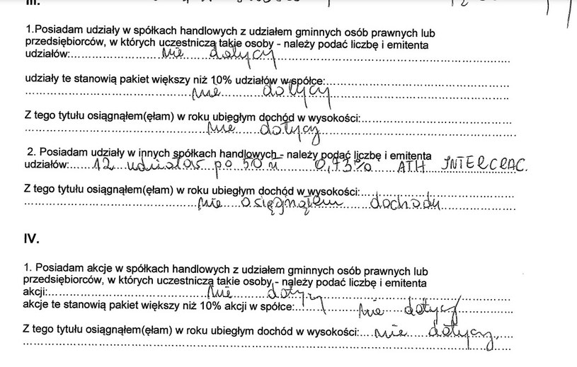 Fragment oświadczenia majątkowego radnego Łukasza Wantucha /INTERIA.PL