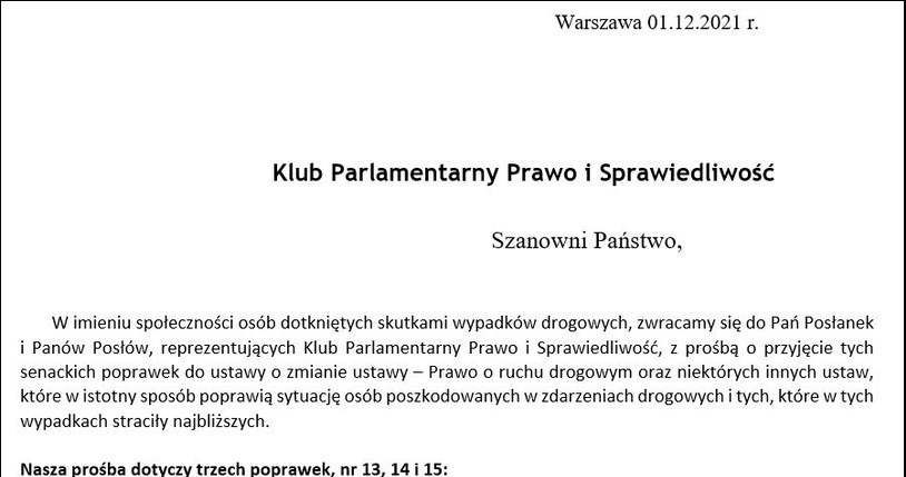 Fragment pisma Stowarzyszenia Alter Ego do klubu parlamentarnego PiS /Informacja prasowa