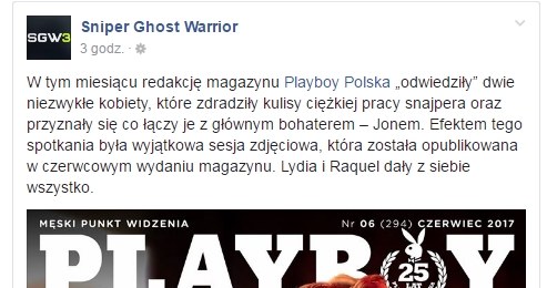 Fragment posta zamieszczone na oficjalnym profilu gry - Sniper: Ghost Warrior 3 - w serwisie społecznościowym Facebook /materiały źródłowe