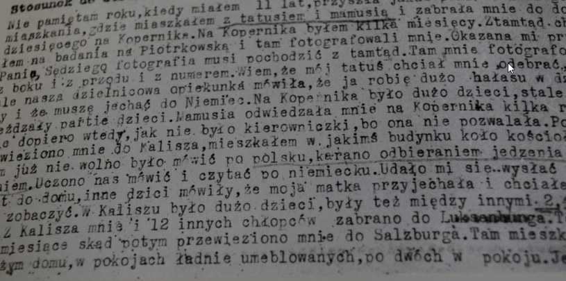 Gaukinderheim w Kaliszu. Przystanek-widmo dla zrabowanych dzieci Fragment protokołu przesłuchania świadka - Sławomira Grodomskiego Paczesnego, ur. 1931 r. (maj 1945 r., Sąd Okręgowy w Łodzi). Dokument znajduje się w Archiwum Pańswowym w Kaliszu /Ewelina Karińska-Morek /INTERIA.PL