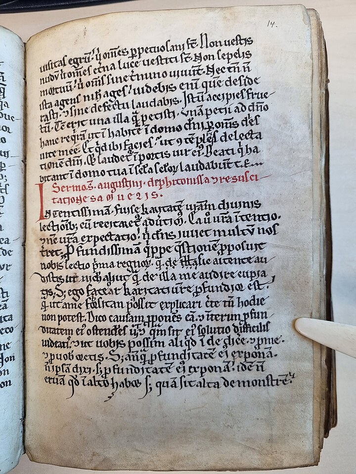 Fragment rękopisu (na czerwono): "Kazania Augustyna o wróżce i ukazaniu się Samuela". /Fot. Biblioteka Diecezjalna im. Biskupa Jana Bernarda Szlagi w Pelplinie /Materiały prasowe