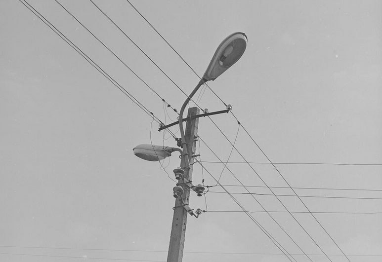 Fragment sieci energetycznej we wsi Branków. Na słupie lampy oświetleniowe /Z archiwum Narodowego Archiwum Cyfrowego