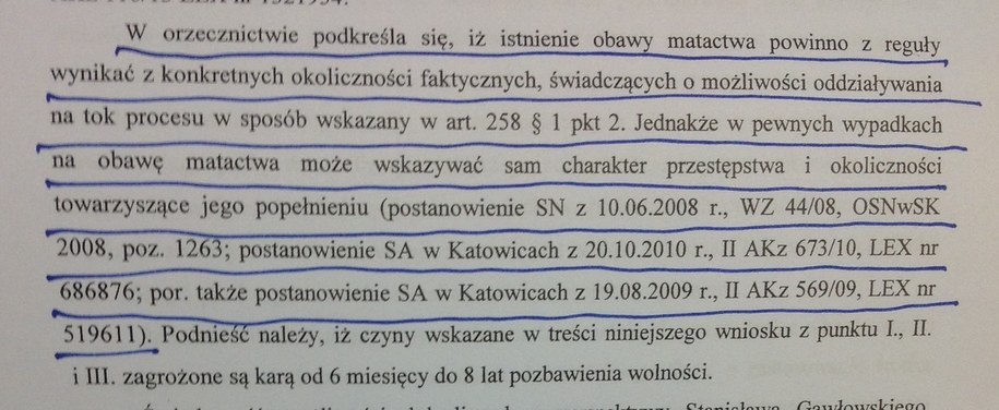 Fragment wniosku prokuratury z zakreślonym fragmentem, przepisanym z komentarza prof. Świeckiego /Tomasz Skory  /RMF FM