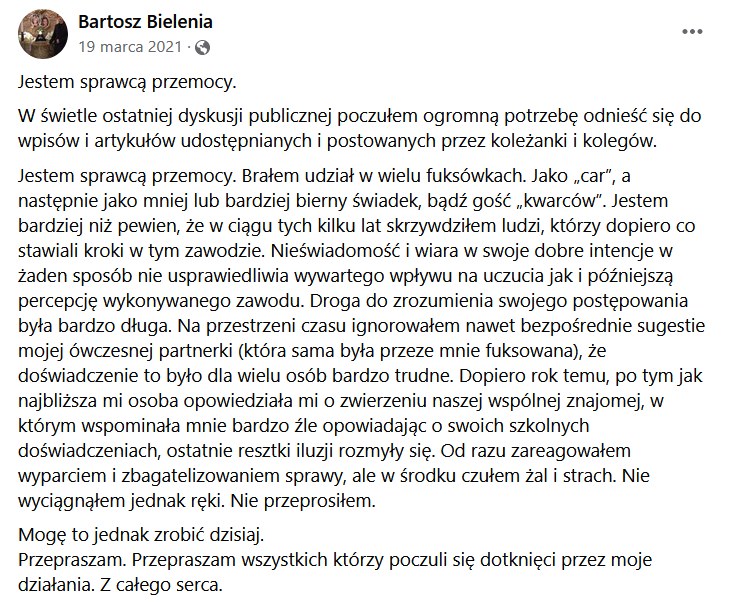 Fragment wpisu Bartosza Bieleni na Facebooku /materiały prasowe