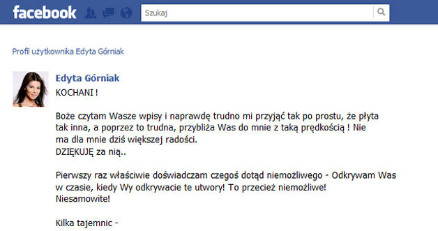 Fragment wpisu Edyty na Facebooku. /oficjalna strona artysty