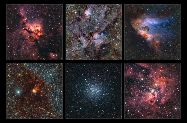 Fragmenty nowej mapy Drogi Mlecznej w podczerwieni. Na zdjęciach widać (od lewej do prawej i z góry na dół): mgławice NGC 3576, NGC 6357, Messier 17, NGC 6188 oraz gromady Messier 22 i NGC 3603 /Materiały prasowe