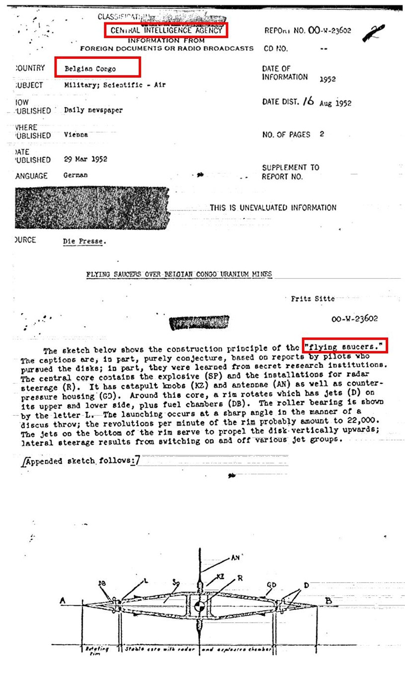 Fragmenty z jednego z raportów CIA dotyczącego rzekomego latającego spodka nad jedną z kopalnii uranu w Kongo Belgijskim /materiały prasowe