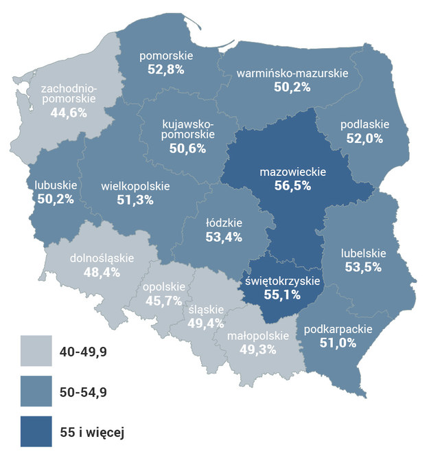 Frekwencja wyborcza w poszczególnych województwach /Sondaż Ipsos /