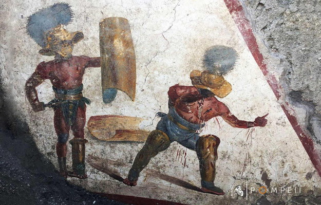 Fresk przedstawiający walkę gladiatorów odkryty w Pompejach /ITALIAN CULTURE MINISTRY /PAP/EPA