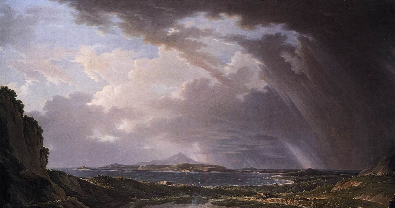 Fumarola (rodzaj ekshalacji wulkanicznych) na Polach Flegrejskich. Obraz z okolic 1780 roku, Michael Wutky /Wikipedia