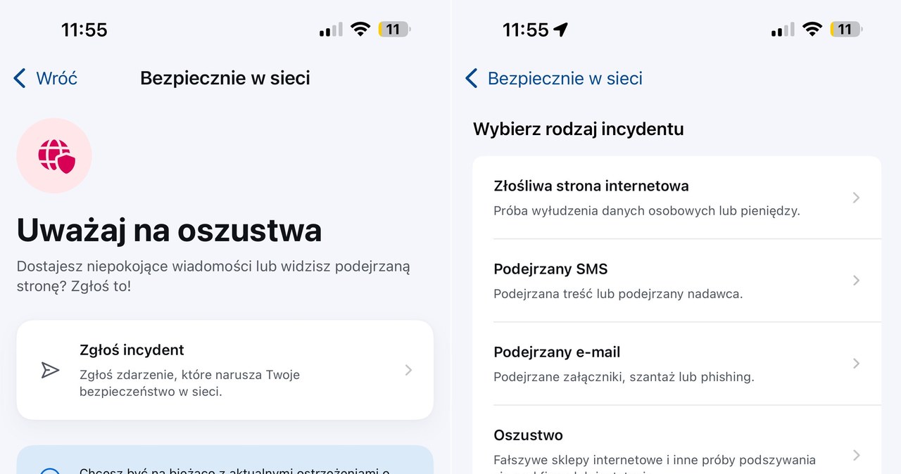 Funkcja Bezpiecznie w sieci z aplikacji mObywatel pozwala zgłaszać incydenty. /Dawid Długosz /INTERIA.PL