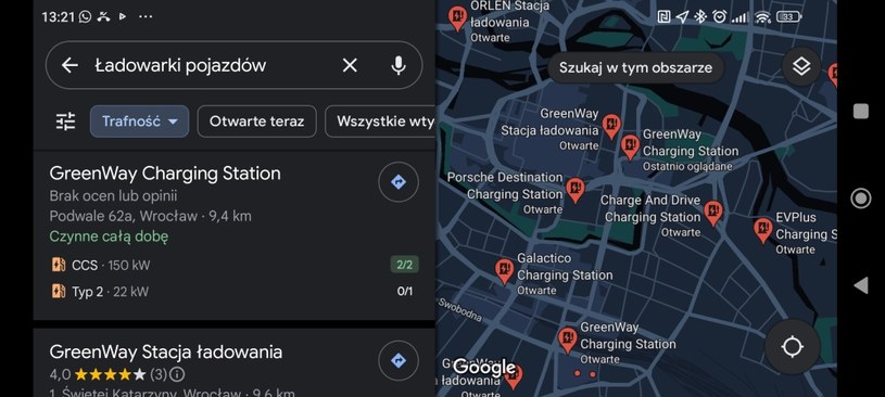Funkcja wyszukiwania ładowarek przyda się właścicielom pojazdów elektrycznych /screen: Google Maps /Interia pl /