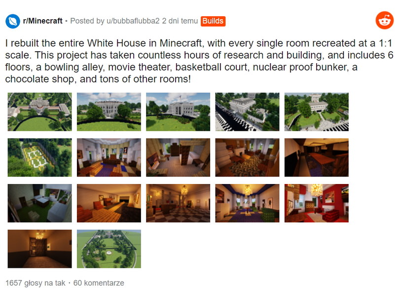 Galeria zdjęć przedstawiających Biały Dom w grze Minecraft zamieszczona w serwisie Reddit.com przez użytkownika @bubbaflubba2 /materiały prasowe