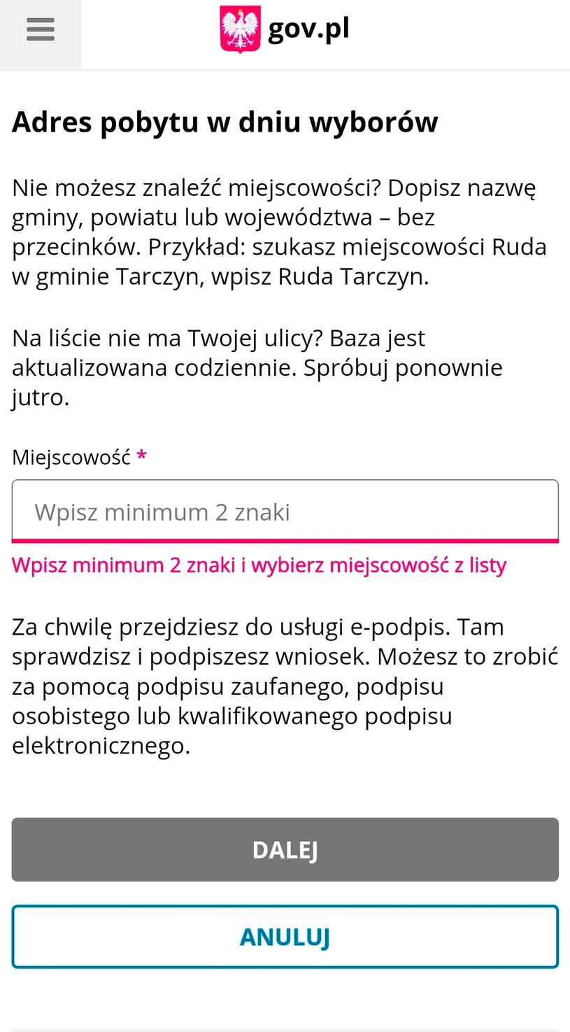 Gdy zaczniesz wpisywać nazwę miejscowości, wyświetli się lista z podpowiedziami, z której należy wybrać odpowiednią gminę. /ePUAP/gov.pl /materiał zewnętrzny