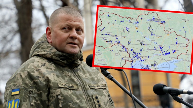 Gen. Wałerij Załużny opublikował na swoim profilu społecznościowym mapę z zaznaczonymi celami, w które trafiły rosyjskie rakiety /Ukrinform/Ovsyannikova Yulia /East News