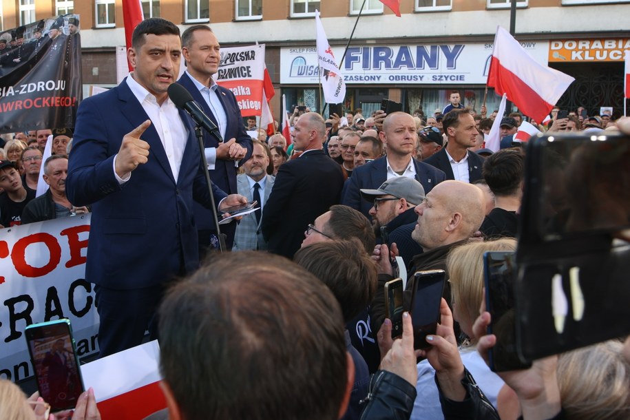 George Simion i Karol Nawrocki na wiecu w Zabrzu /Kasia Zaremba /PAP