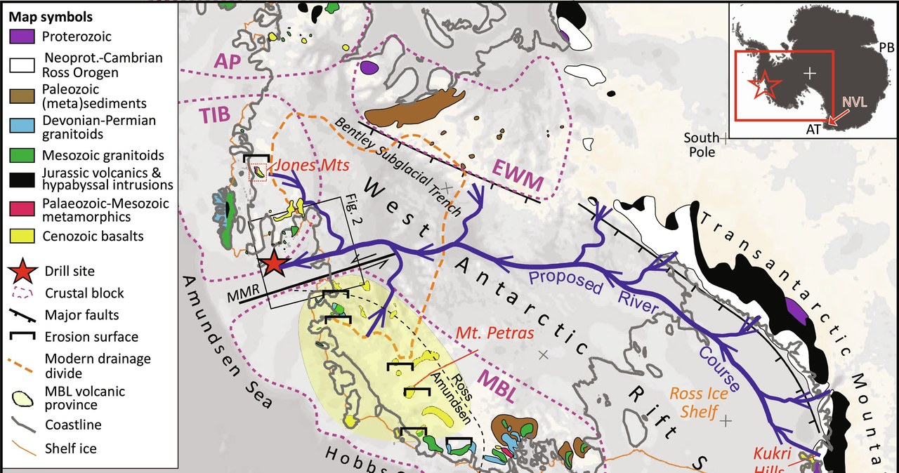 Gigantyczna rzeka przecinała Antarktydę miliony lat temu /Zundel M. et al., 2024. A large-scale transcontinental river system crossed West Antarctica during the Eocene. Science Advances 10(23)/Open Access /materiały prasowe