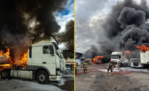 Gigantyczny pożar hali z ciężarówkami na Mazowszu. ZDJĘCIA
