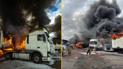 Gigantyczny pożar hali z ciężarówkami na Mazowszu. ZDJĘCIA