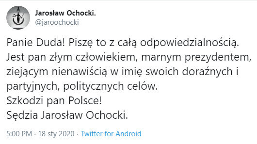 Głośny tweet sędziego Jarosława Ochockiego skierowany do prezydenta Andrzeja Dudy /Twitter /Zrzut ekranu