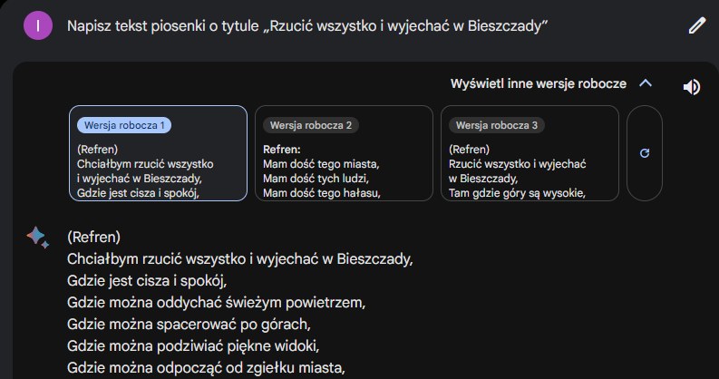 Google Bard pisze piosenkę. /Zrzut ekranu/Google Bard /materiał zewnętrzny