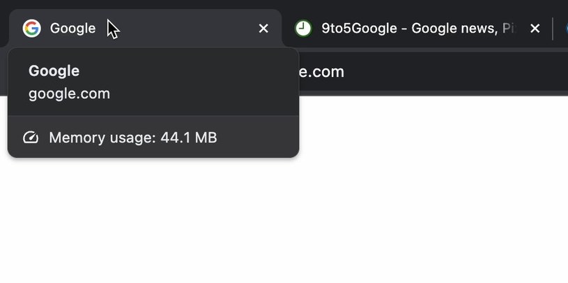 Google Chrome wyświetla informacje o zajętości pamięci na kartach /9to5google /materiał zewnętrzny
