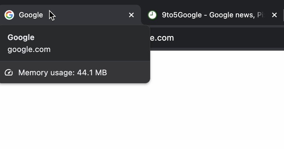 Google Chrome wyświetla informacje o zajętości pamięci na kartach /9to5google /materiał zewnętrzny