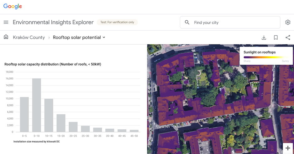 Google Environmental Insights Explorer Google mierzy potencjał wykorzystania energii słonecznej, dając miastom szacunkowe dane dotyczące możliwości ograniczenia emisji, poprzez wykorzystanie energii odnawialnej na budynkach. /materiały prasowe