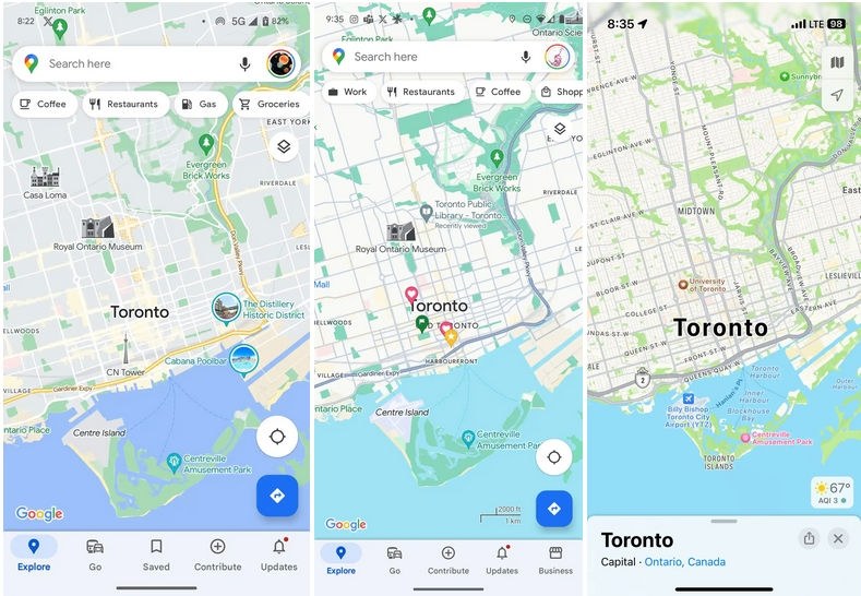Google Maps w starym widoku (po lewej) i nowym (po środku) oraz Apple Maps (po prawej) /9to5google /materiał zewnętrzny