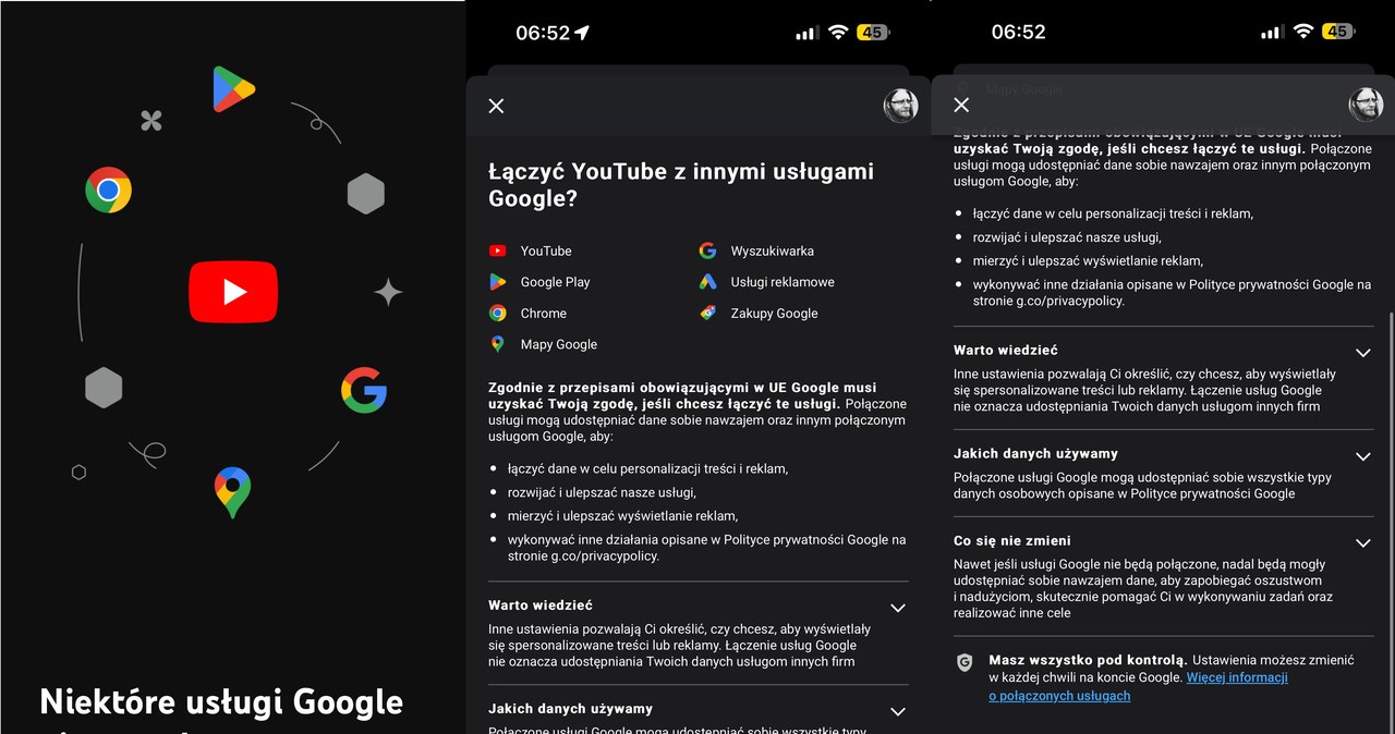 Google pyta o łącznie usług także w aplikacji YouTube. /Dawid Długosz /INTERIA.PL