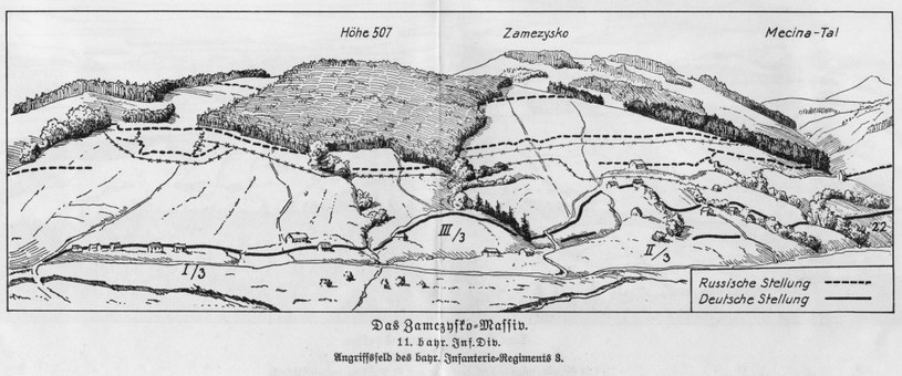 Gorlice 1915 r. Zamczysko. Mapa pokazująca pole bitwy pomiędzy Austriakami a Rosjanami /reprodukcja z archiwum  /Agencja FORUM