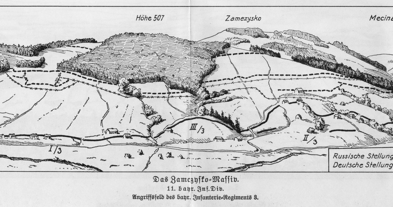 Gorlice 1915 r. Zamczysko. Mapa pokazująca pole bitwy pomiędzy Austriakami a Rosjanami /reprodukcja z archiwum  /Agencja FORUM