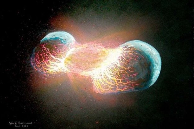 Grafika ilustracyjna przedstawiająca zderzenie dwóch planet. Fot. William K. Hartmann /materiały prasowe