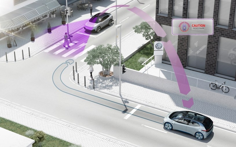 Grafika ilustrująca system Volkswagena - jeden samochód wysyła drugiemu ostrzeżenie o znajdującym się na przejściu pieszym /Informacja prasowa