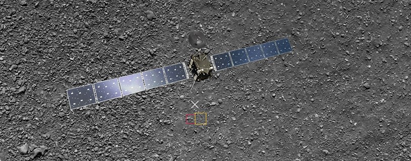 Grafika pokazująca dwa ostatnie zdjęcia z misji Rosetta (na czerwono obszar z ostatniego zrekonstruowanego zdjęcia) /materiały prasowe