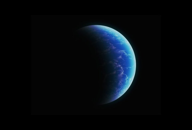 Grafika prezentująca oceaniczną egzoplanetę w całości pokrytą wodą (z niewielką ilością chmur). Źródło: K. Kanawka, /Kosmonauta