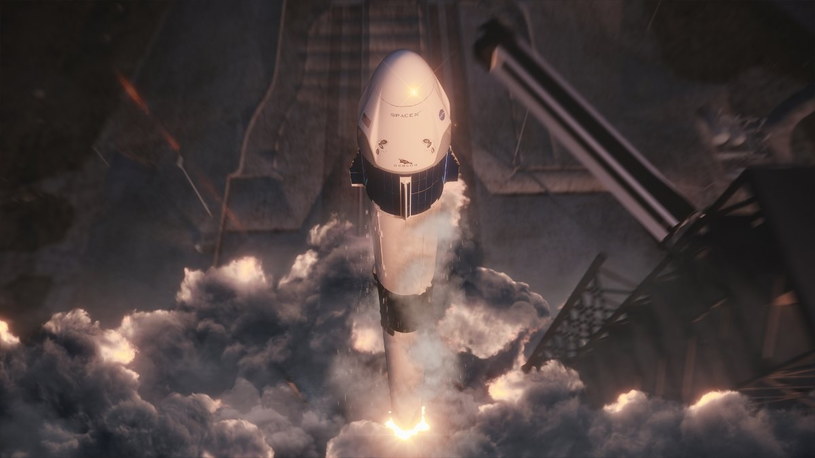 Grafika prezentująca start rakiety Falcon 9 z kapsułą Dragon 2. Fot. SpaceX /SpaceX /materiały prasowe