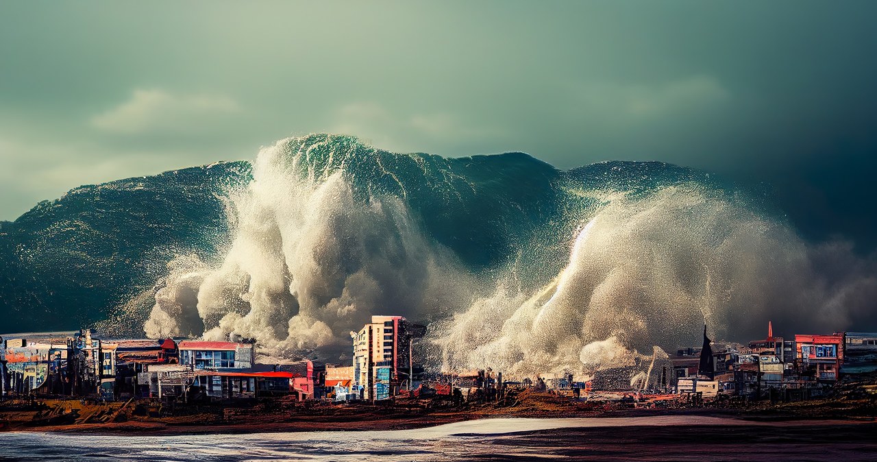 Grafika przedstawiająca hipotetyczne uderzenie w wybrzeże apokaliptycznej fali tsunami o wysokości ok. 100 metrów /123RF/PICSEL