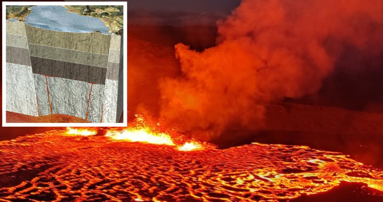 Grafika w kwadracie pokazuje położenie superwulkanu Campi Flegreii. Zdjęcie w tle jest wyłącznie poglądowe: przedstawia erupcję wulkanu na islandzkim półwyspie Reykanes /mediadrumimages/ Marius Karlsson /East News
