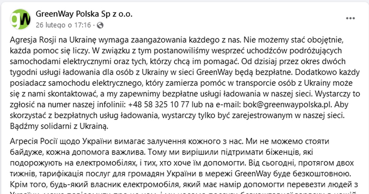 GrennWay Polska udostępnia swoje ładowarki za darmo / fot. facebook /Informacja prasowa