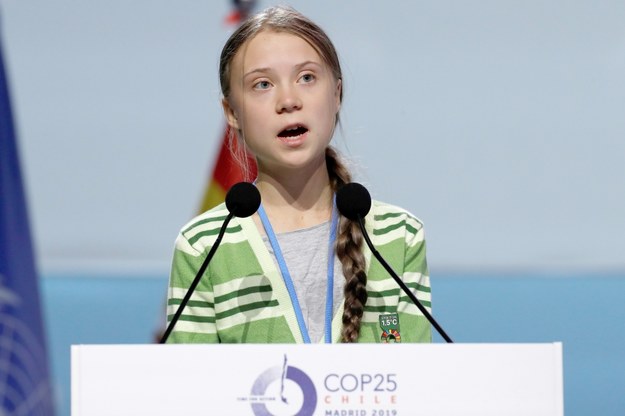 Greta Thunberg przemawia na szczycie klimatycznym ONZ COP25 w Madrycie, 11 grudnia 2019 / 	J.J. Guillen /PAP/EPA