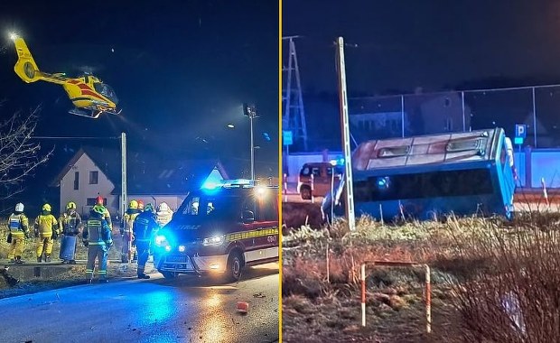 Groźny wypadek. Bus wjechał do rowu, kierowca poważnie ucierpiał