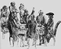 Grupa głównych autorów encyklopedii francuskiej (1751-72), dyskutujących podczas obiadu, Woltere /Encyklopedia Internautica