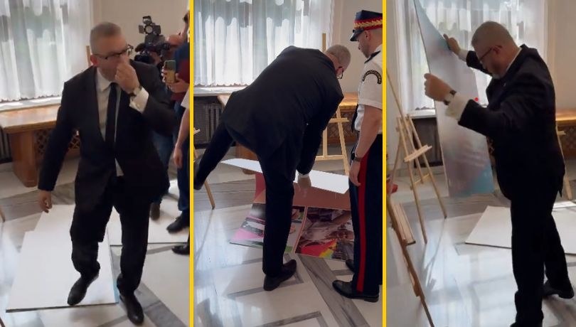 Grzegorz Braun détruisant l'exposition au Sejm